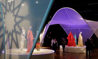 Photo of exhibit at de Young Museum showing off modern Muslim fashion