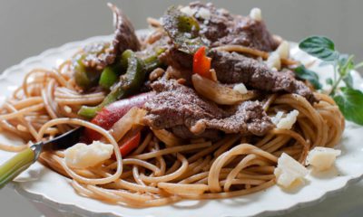 Photo of a dish of steak and cheese pasta