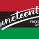 Red, black and green banner with the words "Juneteenth Freedom Day"Blac