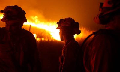 Photo of CDCR inmates standing guard as flames from the Butte fire approach a containment line