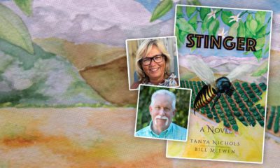 Composite image of the novel "Stinger" and portraits of authors Tanya Nichols and Bill McEwen