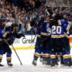 Photo of St. Louis Blues celebrating after defeating the Dallas Stars in double overtime in Game 7 of an NHL second-round hockey playoff series in St. Louis