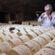 Photo of Bernard Roques, a refiner of Societe company, smelling a Roquefort cheese as they mature in a cellar