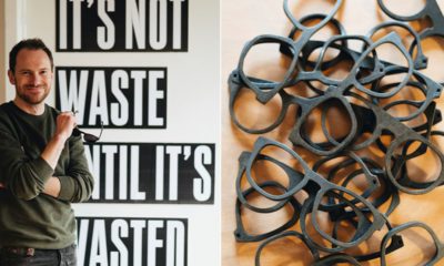 Photo of Belgian designer Sebastiaan de Neubourg, left, and a collection of frames made from recycled materials