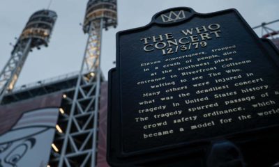 Photo of a memorial plaque for eleven concertgoers killed at a 1979 concert