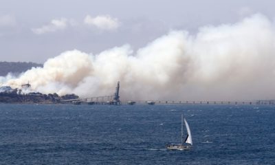 Photo of yacht sailing past a burning woodchip mill