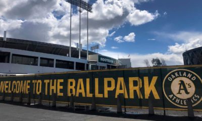 Photo of a banner to welcome to fans at the Oakland-Alameda County Coliseum in Oakland