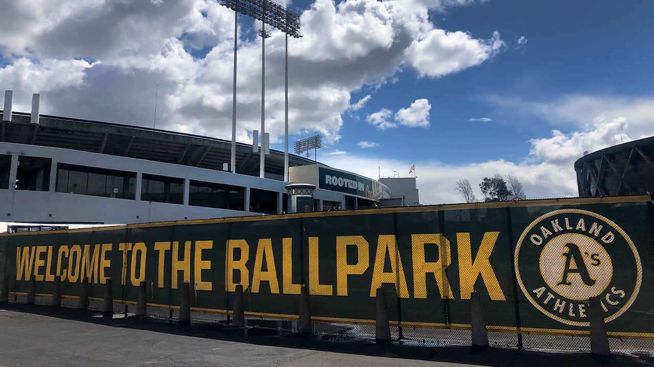 Photo of a banner to welcome to fans at the Oakland-Alameda County Coliseum in Oakland