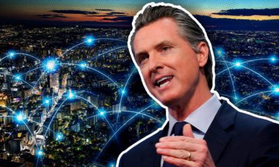 Image of Gov. Gavin Newsom backed by the concept of telecommuting