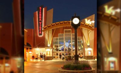 Image at night of the entry to Sierra Vista Cinemas in Clovis, California